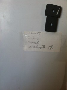 A recipe taped to Leonard's refrigerator: carrots, celery, apple, walnuts (7).